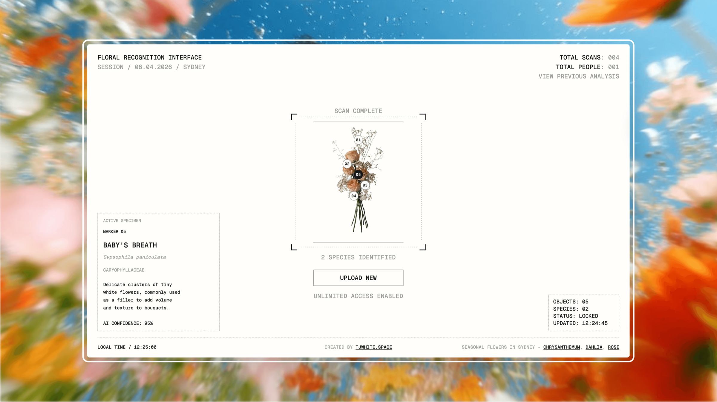 The scan-complete screen identifying Baby's Breath, with numbered markers over the bouquet and specimen details on the left