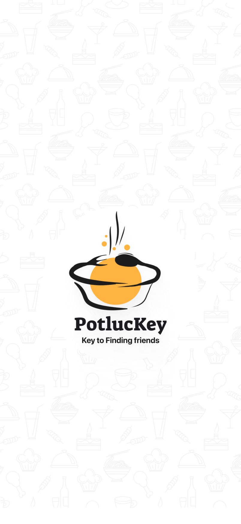 The splash. The PotlucKey mark on a field of food doodles, and the one line that carries the app: your key to find the friends.