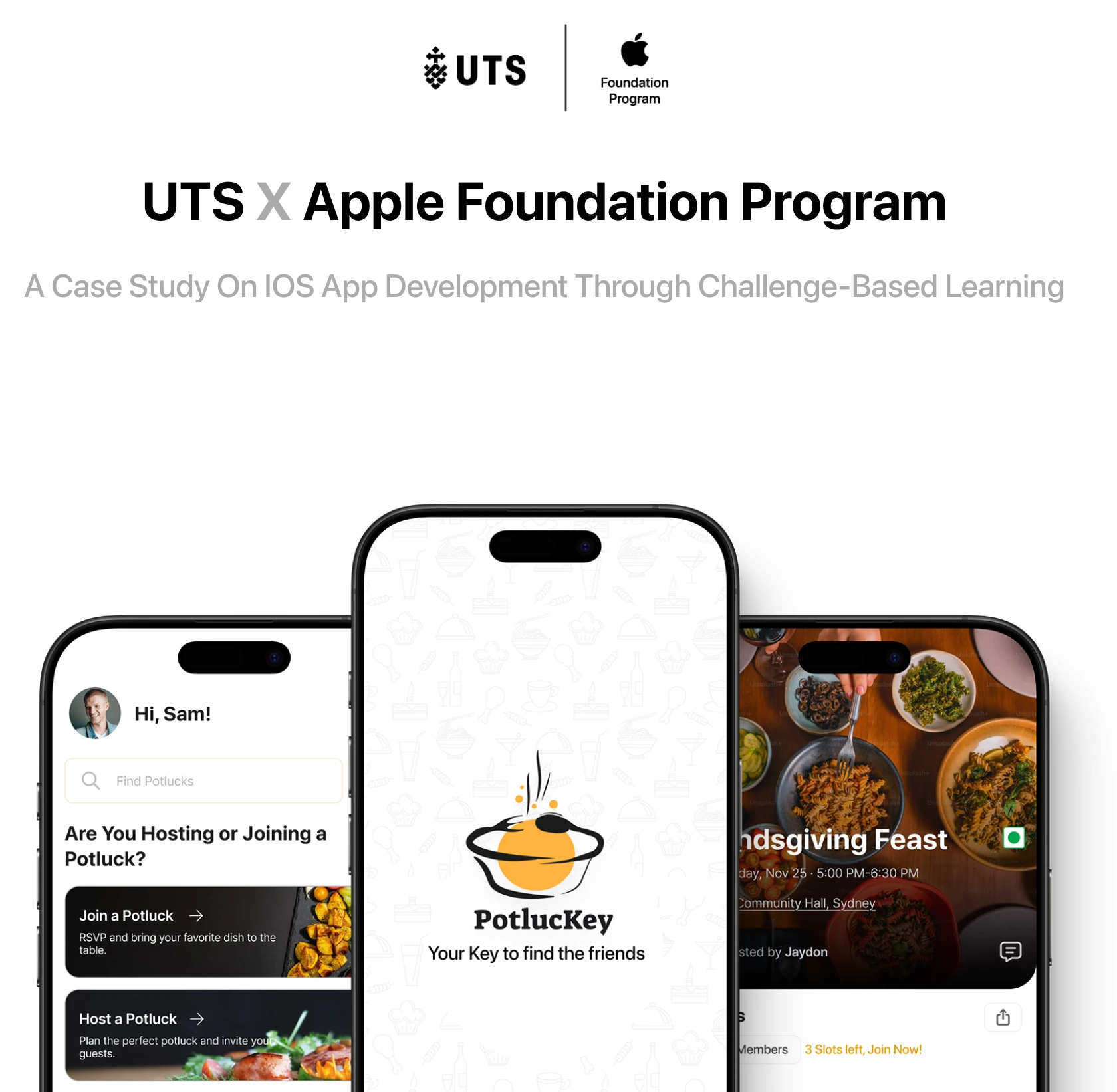 UTS x Apple Foundation Program: the case study title over three Potluckey mockups